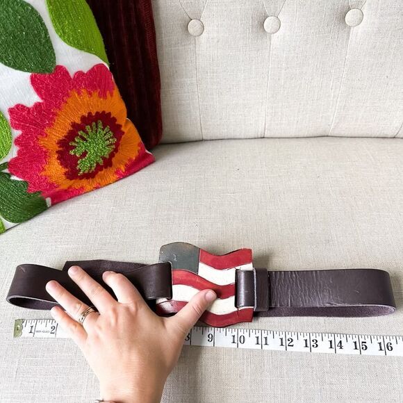 Vintage American Flag Leather Wide Buckle Belt Men's 32/34 Women's XL Unisex - Picture 11 of 12